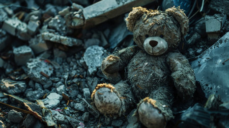Close-up of dirty shabby teddy bear against burned house destruction of consequences of military conflict. Generative AI.の素材
