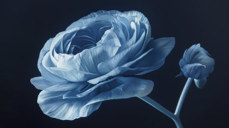 Photosensitive sun print photography or cyanotype of single Ranunculus. Herbarium concept. Generative AI.の素材
