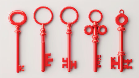 Aesthetic set of 3d different red vintage door keys on white clean background, minimalism concept. Generative AI.の素材