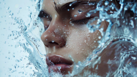 Aesthetic young man face with closed eyes and splashing water, moisturizing concept, beauty advertising. Generative AI.の素材
