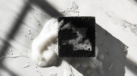 Top view of black sponge with soft soap foam onlight bathroom backdrop. Housekeeping aesthetic concept. Generative AI.の素材