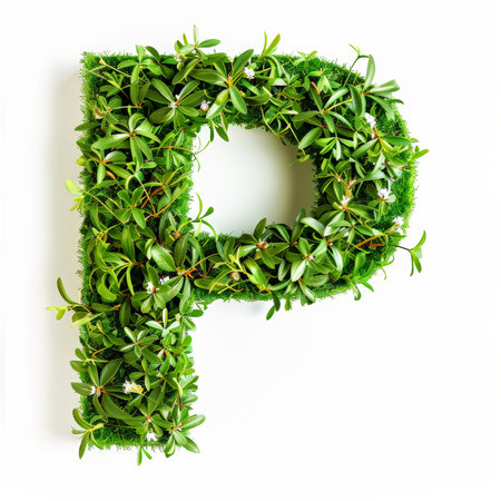 Green organic grass with tiny flowers made letter P on white clean background. Environment concept. Generative AI.の素材