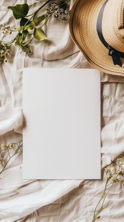 Minimalist elegant invitation template. White empty blank, hat, flowers, light background. Copy space. Generative AI.の素材
