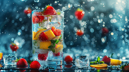 Frozen glass with floating fruits, berries and water, splash of ice cubes, hot summer refreshing drink. Generative AI.の素材