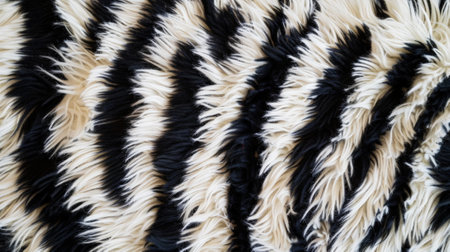 Fluffy animal zebra print. Closeup of artificial fur texture. Monochrome. Fashion background. Generative AI.の素材