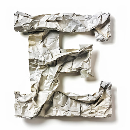 Letter E from crumpled newspaper on a clean white background. Fashion scrapbook lettering concept. Generative AI.の素材