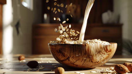 Milk is poured into oatmeal in a wooden bowl. Aesthetic rustic breakfast concept. Green eco tourism. Generative AI.の素材