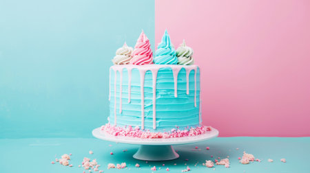 Aesthetic cake for baby shower party on split pink and blue background. Gender reveal invitation template. Generative AI.の素材