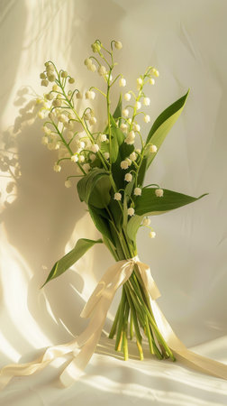 Aesthetic lily of the valley bouquet tied with ribbon, light background, wedding concept invitation. Generative AI.の素材