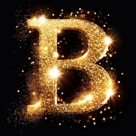 Golden glowing letter B with gold dust on black clean background. Scrapbook activity. Generative AI.の素材