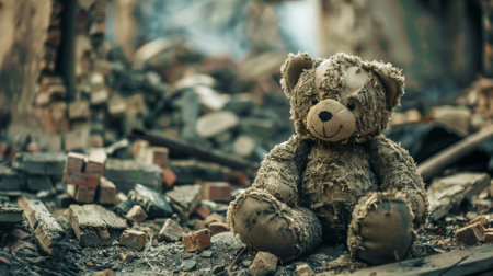 Close-up of dirty shabby teddy bear against burned house destruction of consequences of military conflict. Generative AI.の素材