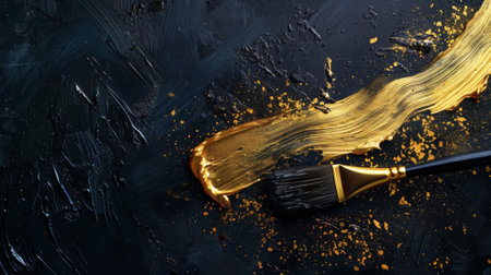 Creative banner with golden rough stroke and brush, copy space, black textured background, minimalism. Generative AI.の素材