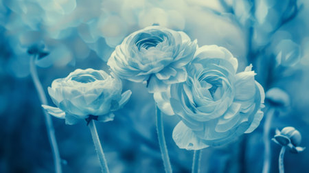 Photosensitive sun print photography or cyanotype of Ranunculus bouquet. Herbarium concept. Generative AI.の素材