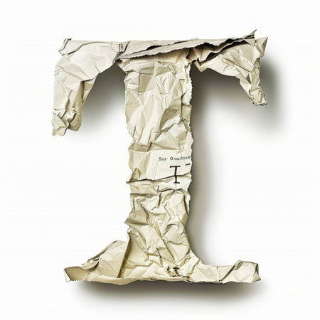 Letter T from crumpled newspaper on a clean white background. Fashion scrapbook lettering concept. Generative AI.の素材