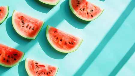 Aesthetic juicy slices of red watermelon on the pastel turquoise background with strong shadows. Generative AI.の素材