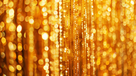 Golden sparkling tinsel curtain, aesthetic party background. Generative AI.の素材