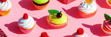 Aesthetic girlish pattern with 3d style sweets. Pink bright color palette. Delicious background. Generative AI.の素材