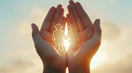 Woman's hands hold paper silhouette of children. Family care and insurance concept. Generative AI.の素材