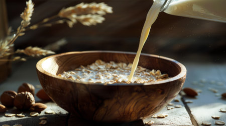 Milk is poured into oatmeal in a wooden bowl. Aesthetic rustic breakfast concept. Green eco tourism. Generative AI.の素材