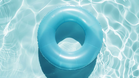 Top view of aesthetic light blue inflatable ring on crystal pool water backdrop. Luxurious relaxation. Generative AI.の素材