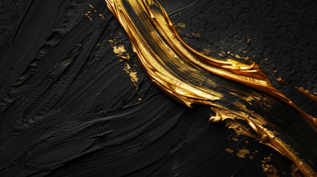 Creative banner with golden rough stroke and brush, copy space, black textured background, minimalism. Generative AI.の素材