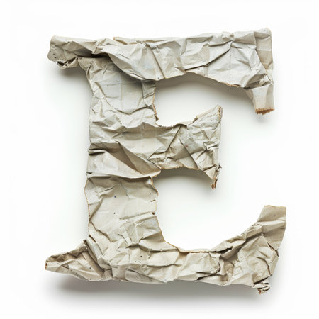 Letter E from crumpled newspaper on a clean white background. Fashion scrapbook lettering concept. Generative AI.の素材