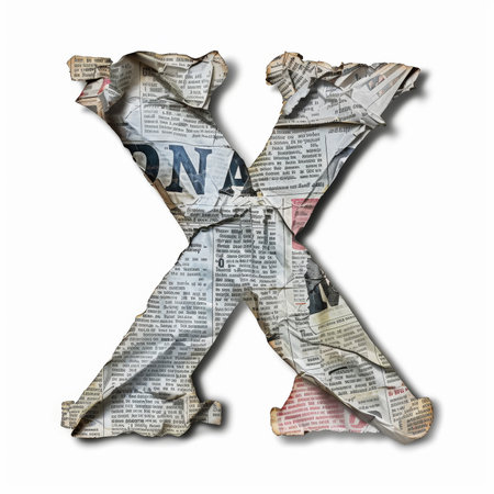 Letter X from crumpled newspaper on a clean white background. Fashion scrapbook lettering concept. Generative AI.の素材