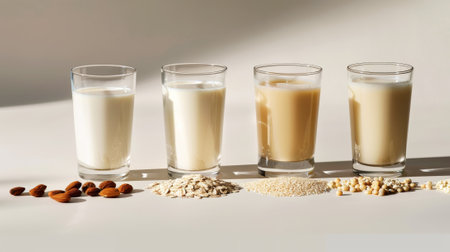 Alternative milk concept. Assortment of organic vegan non dairy milk from nuts, oatmeal, rice, soy. Generative AI.の素材