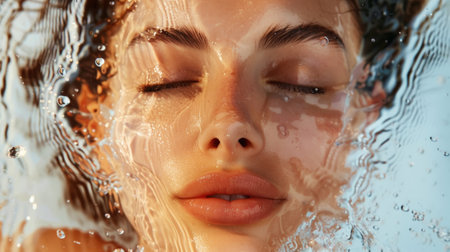 Aesthetic young woman face with closed eyes and splashing water, moisturizing concept, beauty advertising. Generative AI.の素材