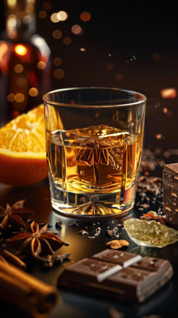 Glass of luxury whiskey with citrus fruit, piece of chocolate, anise star, barley grain. Adv Concept. Generative AI.の素材