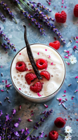 Top view of iced vanilla milkshake with vanilla, raspberry and lavender. Healthy diet. Aesthetic concept. Generative AI.の素材