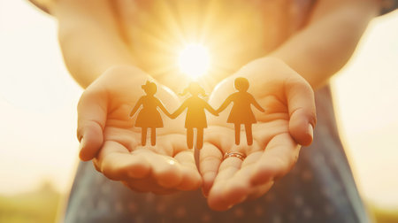 Woman's hands hold paper silhouette of children. Family care and insurance concept. Generative AI.の素材