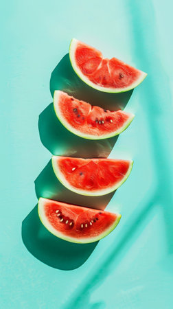 Aesthetic juicy slices of red watermelon on the pastel turquoise background with strong shadows. Generative AI.の素材