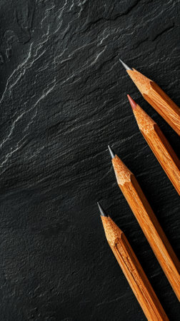 Aesthetic black background with pencils. Copy space. Education projects template. Generative AI.の素材