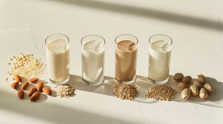 Alternative milk concept. Assortment of organic vegan non dairy milk from nuts, oatmeal, rice, soy. Generative AI.の素材