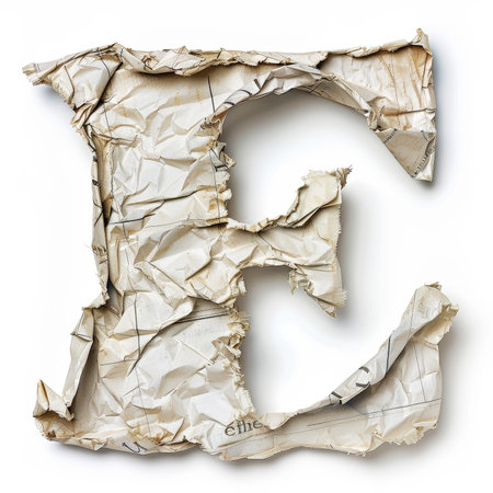 Letter E from crumpled newspaper on a clean white background. Fashion scrapbook lettering concept. Generative AI.の素材