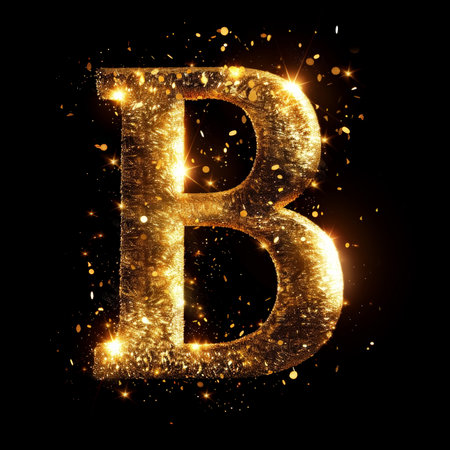Golden glowing letter B with gold dust on black clean background. Scrapbook activity. Generative AI.の素材