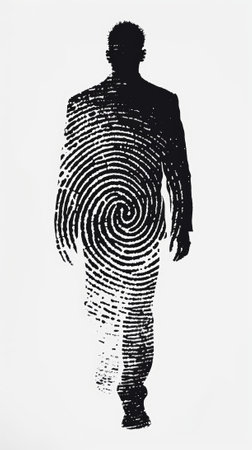 Silhouette of man with fingerprint pattern on light background. Mystery investigation concept. Generative AI.の素材