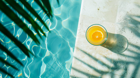 Aesthetic top view on edge of swimming pool with glass of orange juice, summer vibes, vacation concept. Generative AI.の素材