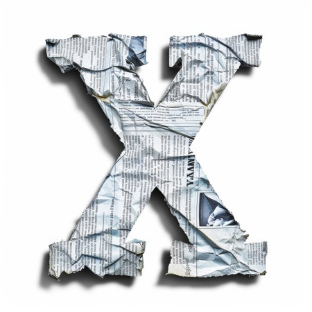 Letter X from crumpled newspaper on a clean white background. Fashion scrapbook lettering concept. Generative AI.の素材