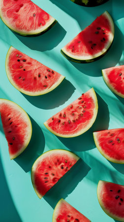 Aesthetic juicy slices of red watermelon on the pastel turquoise background with strong shadows. Generative AI.の素材