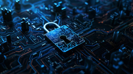 Digital access lock. Dark blue business and technology background, data protection and cyber security. Generative AI.の素材