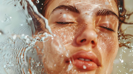 Aesthetic young woman face with closed eyes and splashing water, moisturizing concept, beauty advertising. Generative AI.の素材