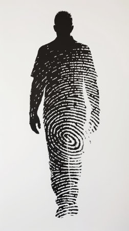 Silhouette of man with fingerprint pattern on light background. Mystery investigation concept. Generative AI.の素材