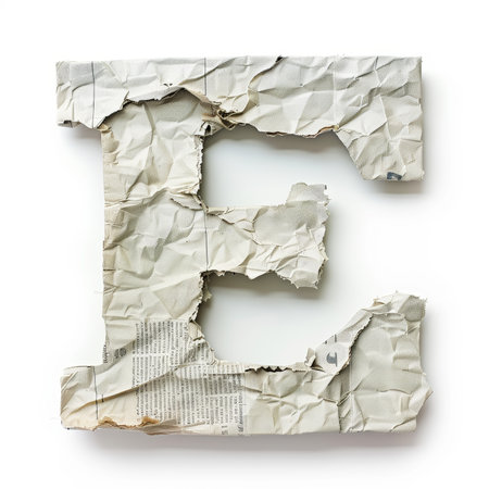 Letter E from crumpled newspaper on a clean white background. Fashion scrapbook lettering concept. Generative AI.の素材