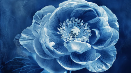 Photosensitive sun print photography or cyanotype of Ranunculus bouquet. Herbarium concept. Generative AI.の素材
