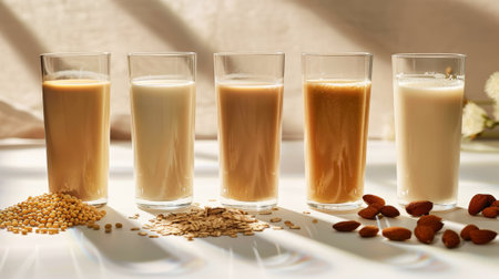 Alternative milk concept. Assortment of organic vegan non dairy milk from nuts, oatmeal, rice, soy. Generative AI.の素材