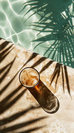 Aesthetic top view on edge of swimming pool with glass of ice drink, summer vibes, vacation minimalist concept. Generative AI.の素材