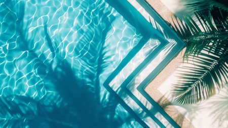 Aesthetic top view of the edge of a swimming pool with shadows of palm trees, summer vibes. Generative AI.の素材