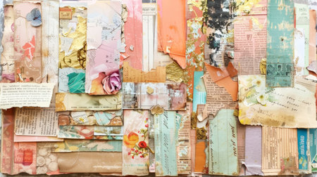 Fashionable background with a collage of torn paper from magazines, variety of patterns. Pastel colours. Generative AI.の素材